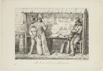 1818年から1819年の間のLe marchand de dessins lithographiques（織り紙に黒インクで印刷されたリソ）